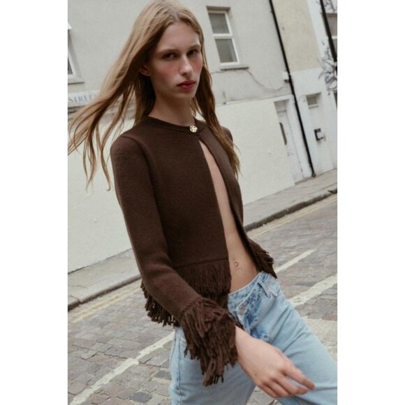ZARA FRINGED KNIT CARDIGAN WITH BUTTON - Picture 5 of 9